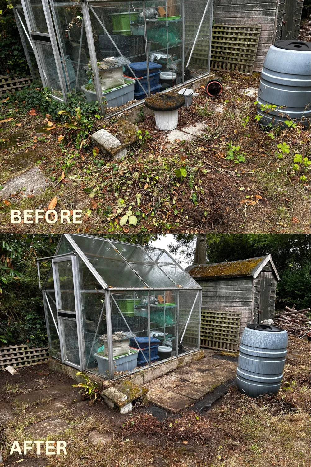 Greenhouse garden tidy, before and after garden care